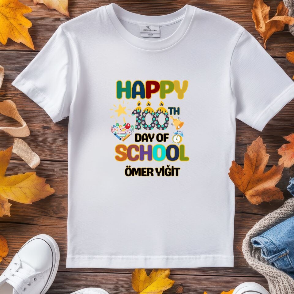 Okulun 100. Günü Tasarımlı Kişiye Özel Çocuk Tişörtü - Happy 100th Day of School