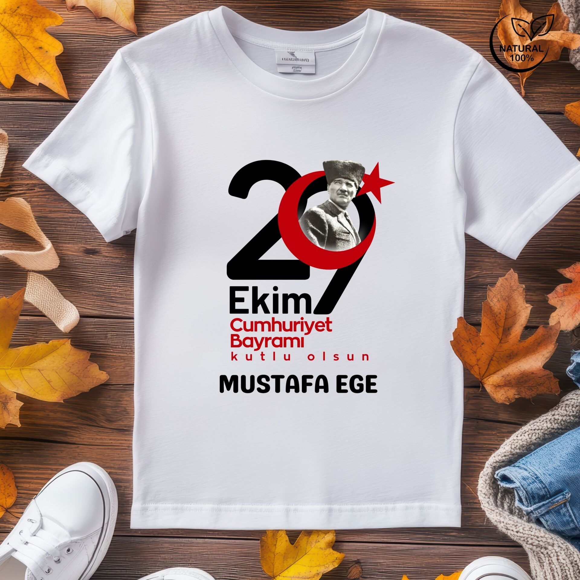 Atatürk Portreli ve Ay Yıldızlı Kişiye Özel 29 Ekim Tişörtü - İsim Yazılı Çocuk Tişört