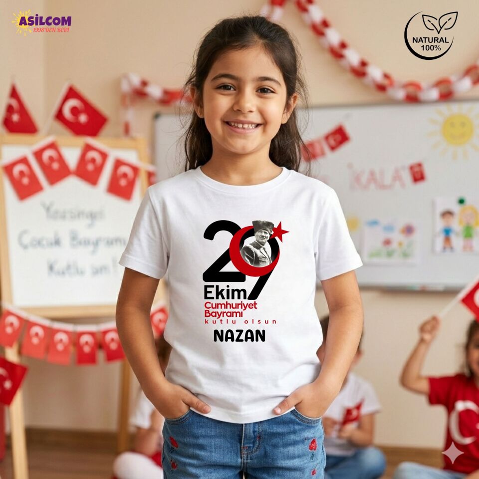 Atatürk Portreli ve Ay Yıldızlı Kişiye Özel 29 Ekim Tişörtü - İsim Yazılı Çocuk Tişört