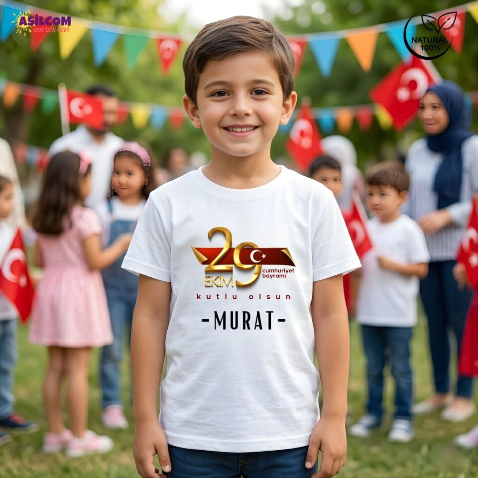 Gold ve Ay Yıldız Tasarımlı Kişiye Özel 29 Ekim Tişörtü - İsim Yazılı Çocuk Tişört