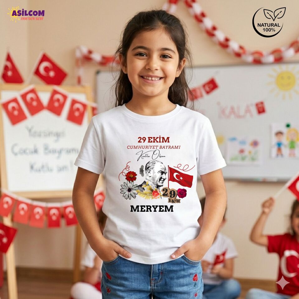 Atatürk ve Bayrak Tasarımlı Kişiye Özel 29 Ekim Tişörtü - İsim Yazılı Çocuk Tişört