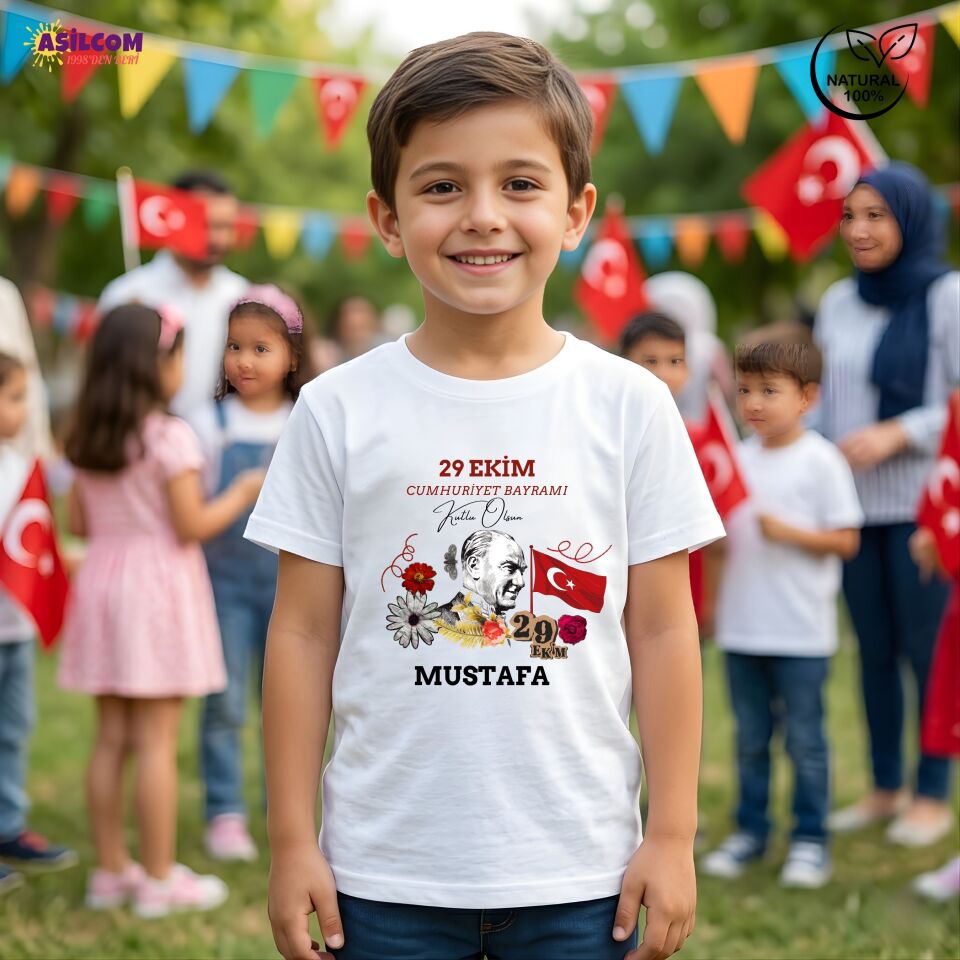 Atatürk ve Bayrak Tasarımlı Kişiye Özel 29 Ekim Tişörtü - İsim Yazılı Çocuk Tişört