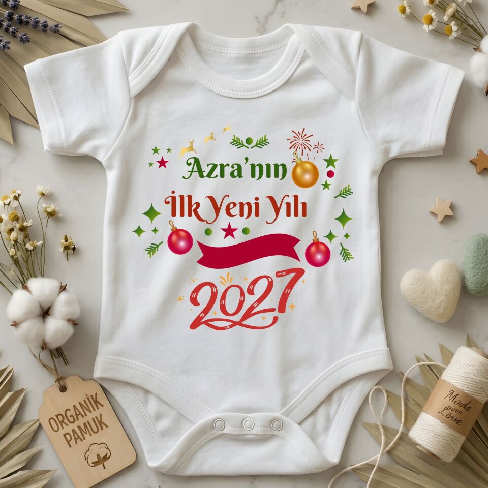 Yılbaşı Tasarımlı Kişiye Özel Bebek Zıbın - İlk Yeni Yılı Konseptli