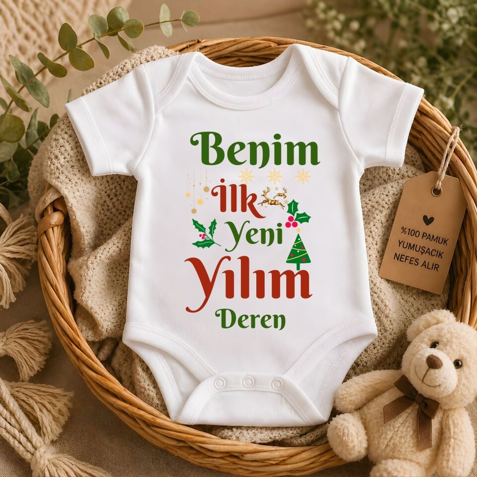 Benim İlk Yeni Yılım Tasarımlı Kişiye Özel Bebek Zıbın - Yılbaşı Temalı