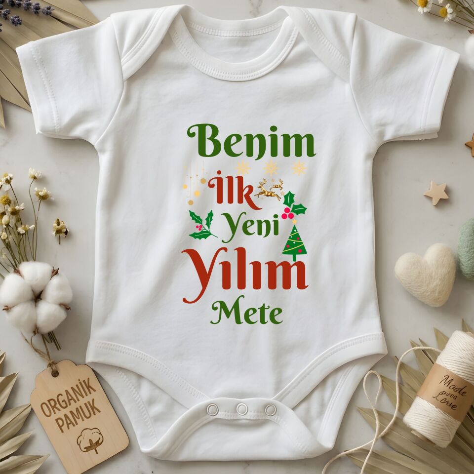 Benim İlk Yeni Yılım Tasarımlı Kişiye Özel Bebek Zıbın - Yılbaşı Temalı