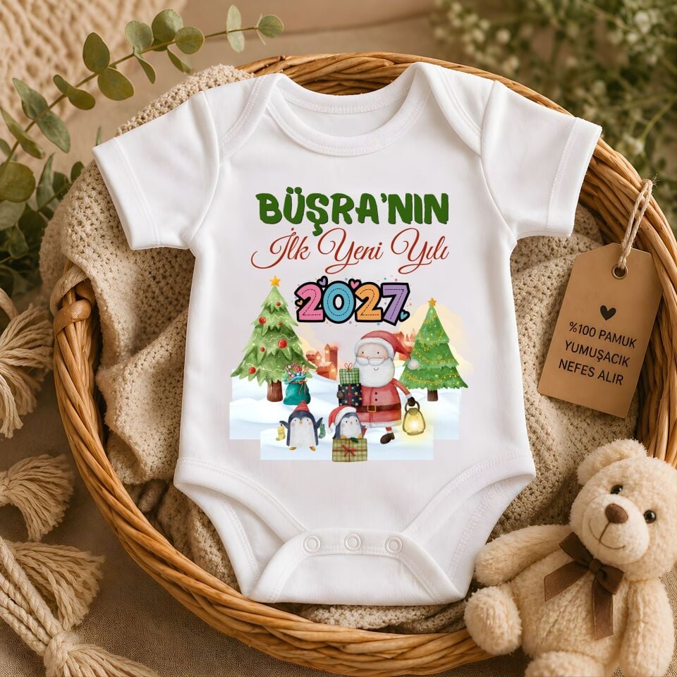 Yılbaşı Temalı Kişiye Özel Bebek Zıbın - Noel Baba ve Penguen Tasarımlı