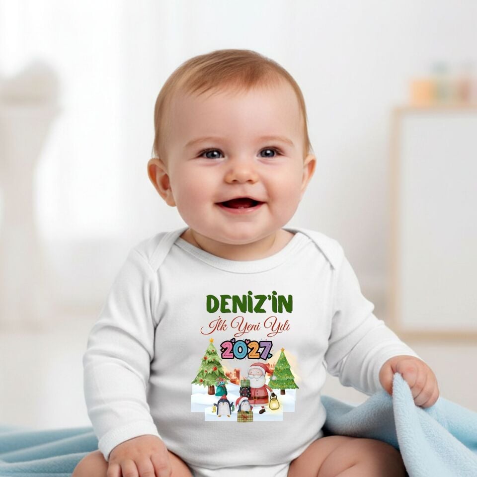 Yılbaşı Temalı Kişiye Özel Bebek Zıbın - Noel Baba ve Penguen Tasarımlı