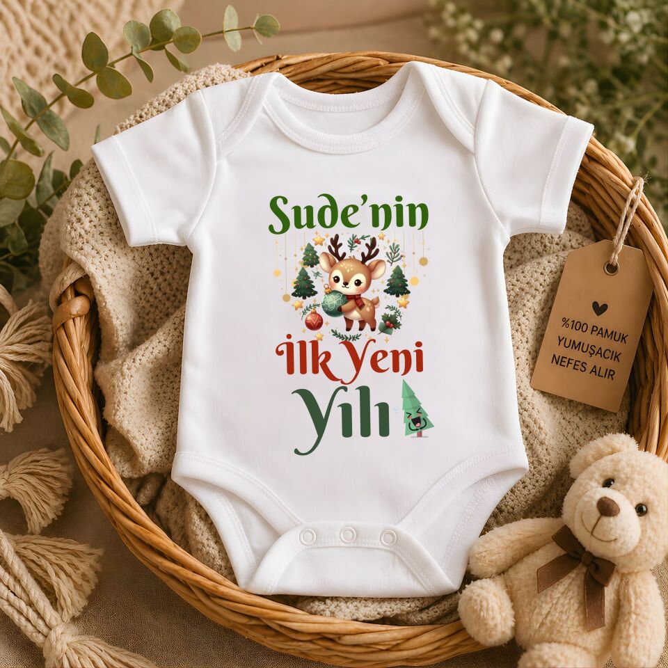 Yılbaşı Temalı Kişiye Özel Bebek Zıbın - Geyik Figürlü İlk Yeni Yılı Tasarımı