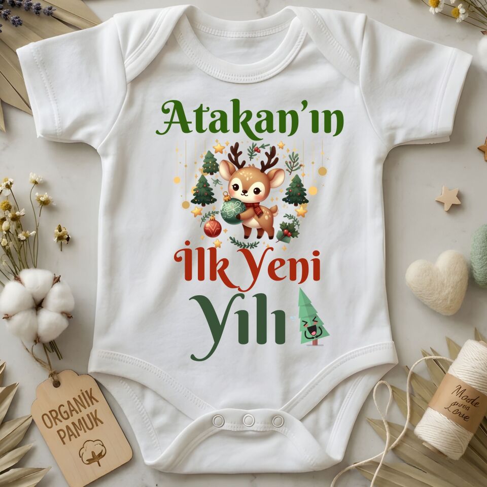 Yılbaşı Temalı Kişiye Özel Bebek Zıbın - Geyik Figürlü İlk Yeni Yılı Tasarımı