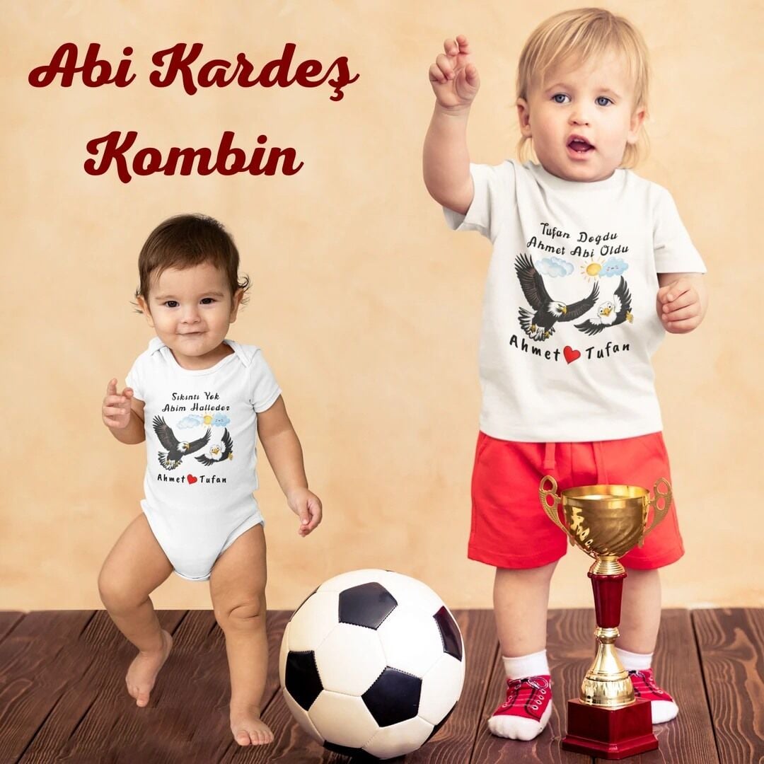 Kartal Tasarımlı Kişiye Özel Abi Kardeş Kombini - Tişört ve Zıbın Seti