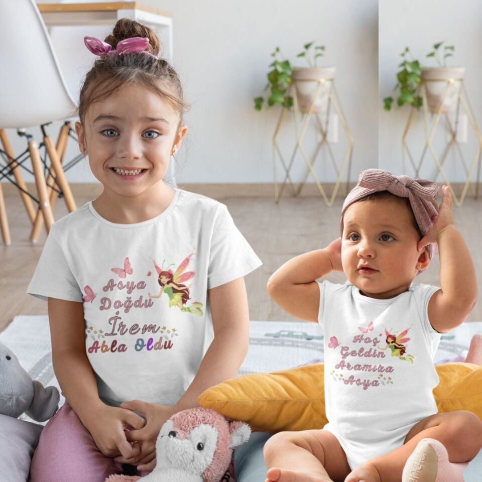 Peri Tasarımlı Kişiye Özel Abla Kardeş Kombini - Tişört ve Zıbın Seti