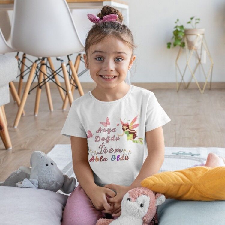 Peri Tasarımlı Kişiye Özel Abla Kardeş Kombini - Tişört ve Zıbın Seti
