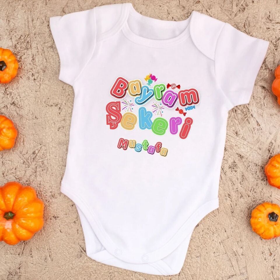 Rengarenk ''Bayram Şekeri'' Yazılı Kişiye Özel Bebek Zıbın - Bayram Özel Tasarımı