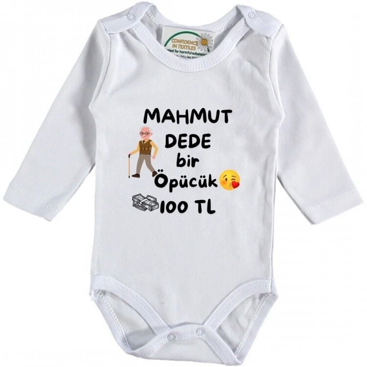 Esprili ''Dede Bir Öpücük 100 TL'' Yazılı Kişiye Özel Bebek Zıbını