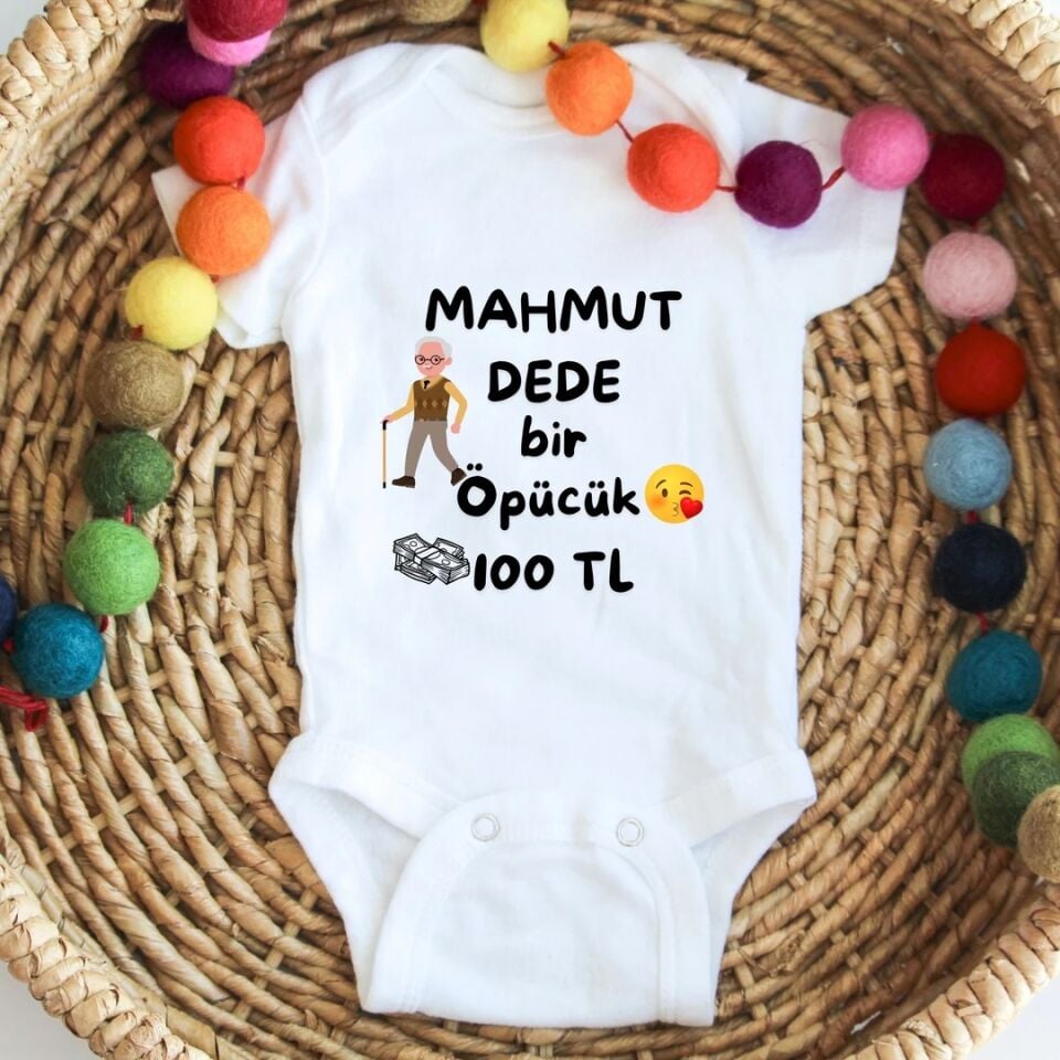 Esprili ''Dede Bir Öpücük 100 TL'' Yazılı Kişiye Özel Bebek Zıbını