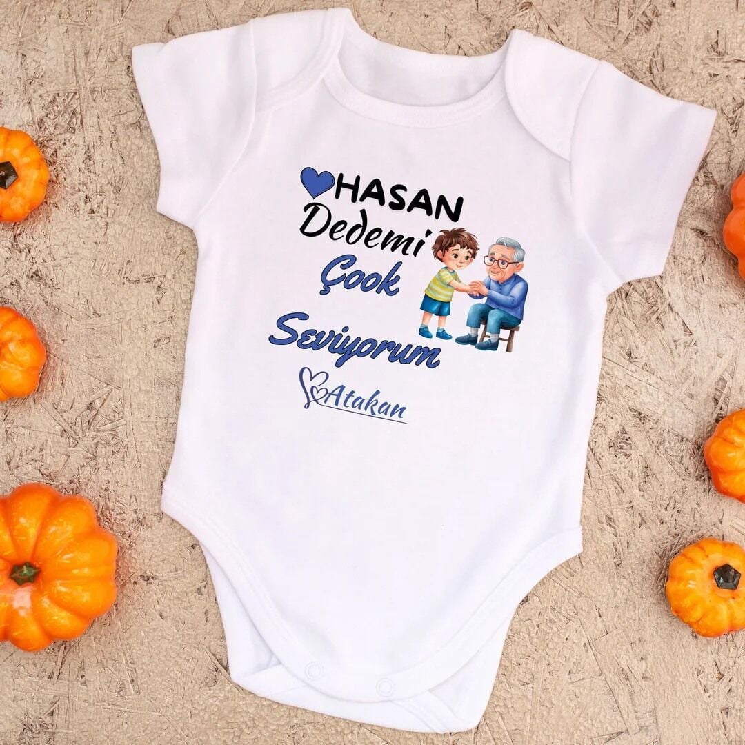 ''Dedemi Çok Seviyorum'' İsimli Kişiye Özel Bebek Zıbını - Dedeye En Güzel Hediye