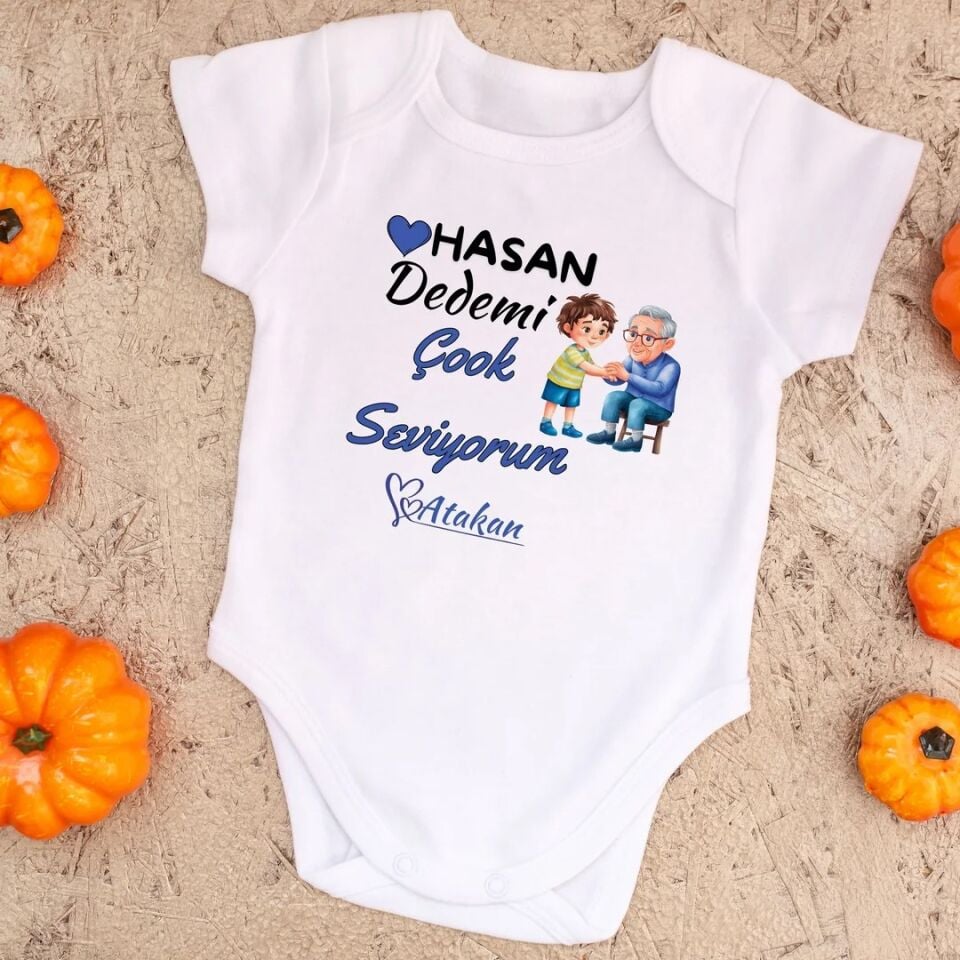 ''Dedemi Çok Seviyorum'' İsimli Kişiye Özel Bebek Zıbını - Dedeye En Güzel Hediye