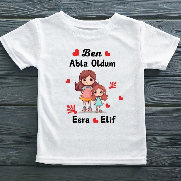 Kişiye Özel İsimli Ben Abla Oldum Abla Kardeş Kombin Tişört ve Zıbın