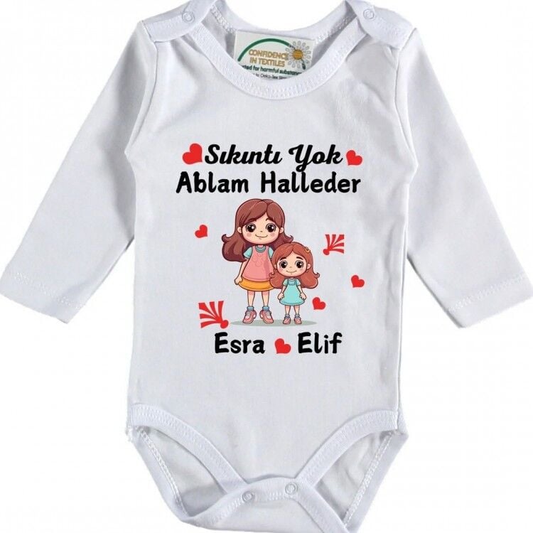 Kişiye Özel İsimli Ben Abla Oldum Abla Kardeş Kombin Tişört ve Zıbın