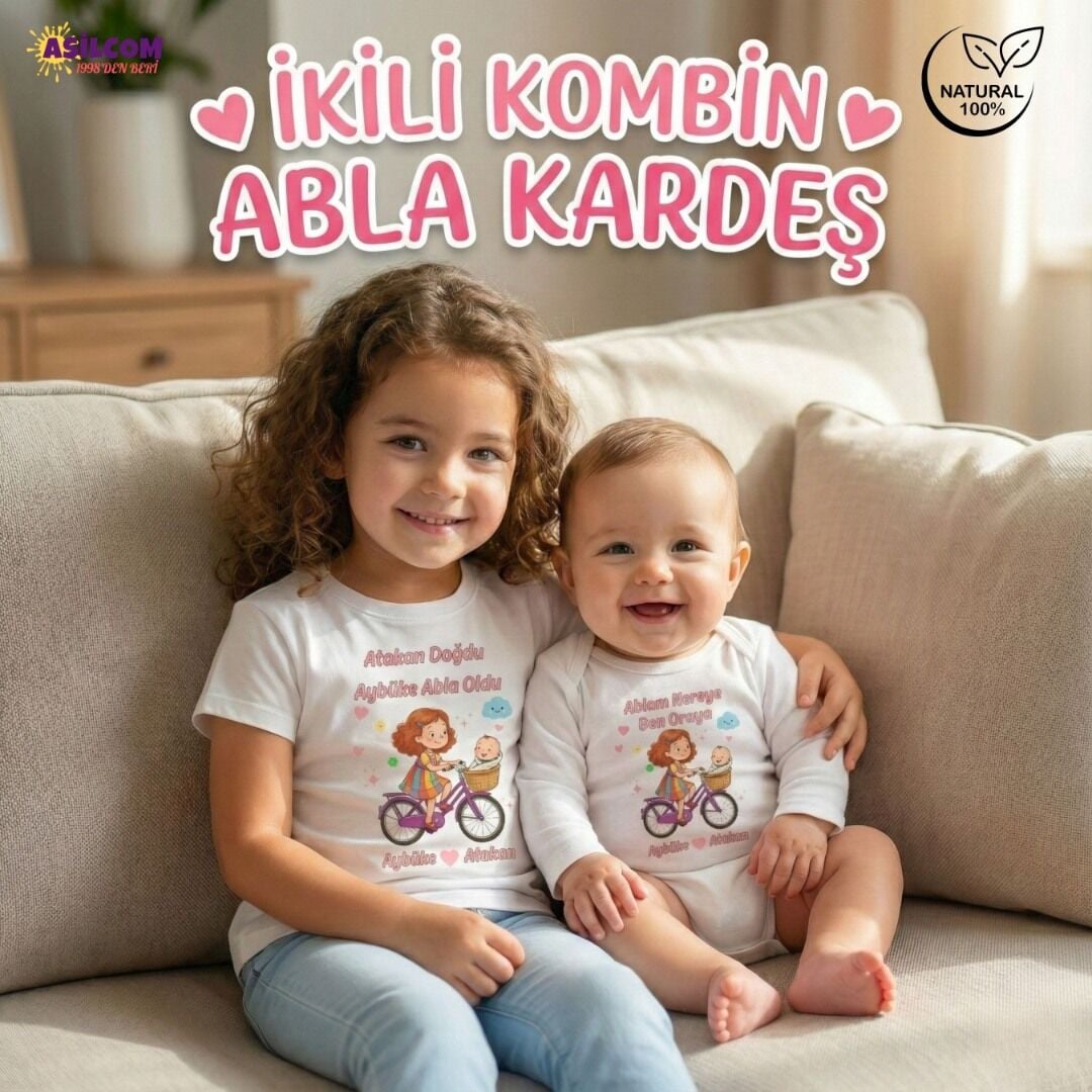 Kişiye Özel İsimli Abla Kardeş Kombini – Bisiklet Temalı Tişört ve Zıbın Seti