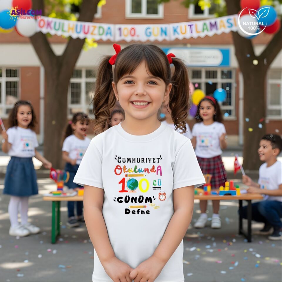 Benim Okulumda 100. Gün! İsimli ve Temalı Çocuk Tişörtü (Okul Yılı Hatırası)