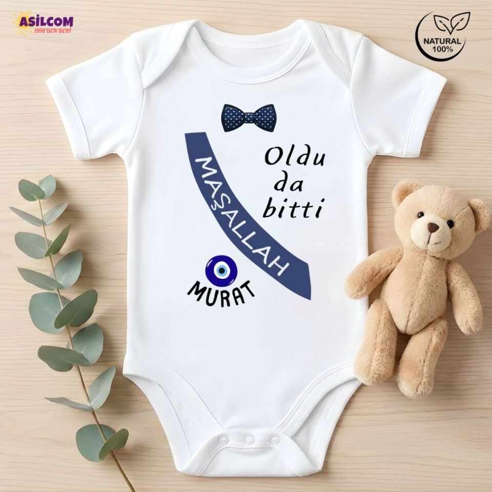 Kişiye Özel İsimli ve ''Oldu da Bitti Maşallah'' Yazılı Sünnet Zıbın