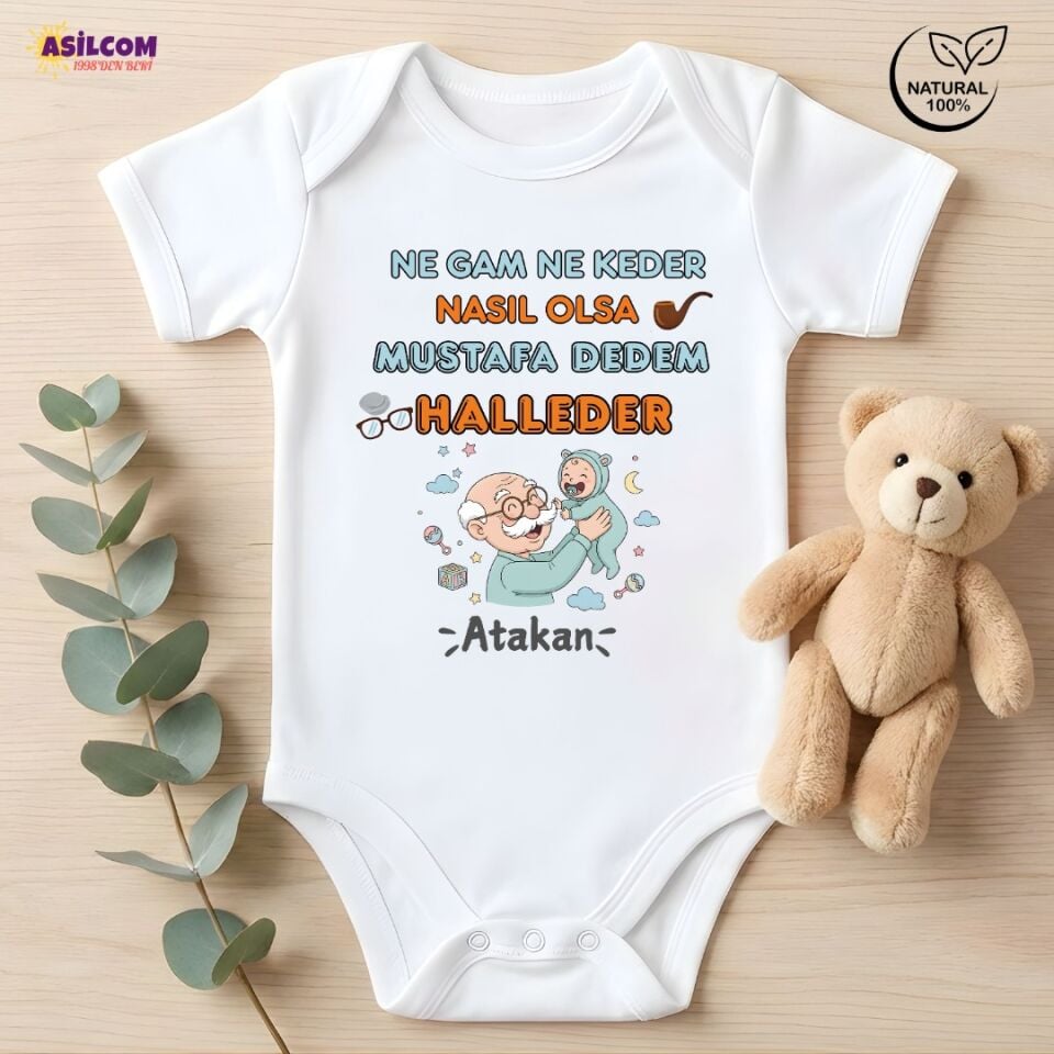 Kişiye Özel İsimli Bebek Zıbını - ''Dedem Halleder'' Tasarımlı Pamuklu Badi