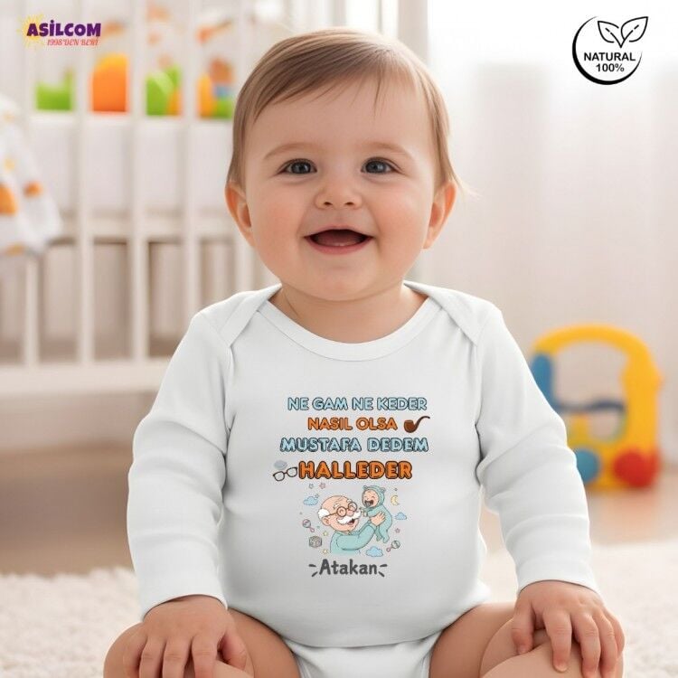 Kişiye Özel İsimli Bebek Zıbını - ''Dedem Halleder'' Tasarımlı Pamuklu Badi