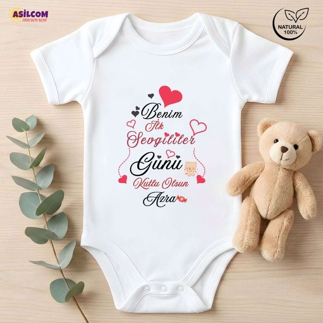 İsme Özel ''Benim İlk Sevgililer Günüm'' Tasarımlı Bebek Zıbın - %100 Pamuk