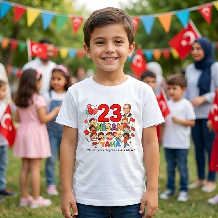 Kişiye Özel İsim Yazılı 23 Nisan Çocuk Tişörtü - Atatürk Tasarımlı
