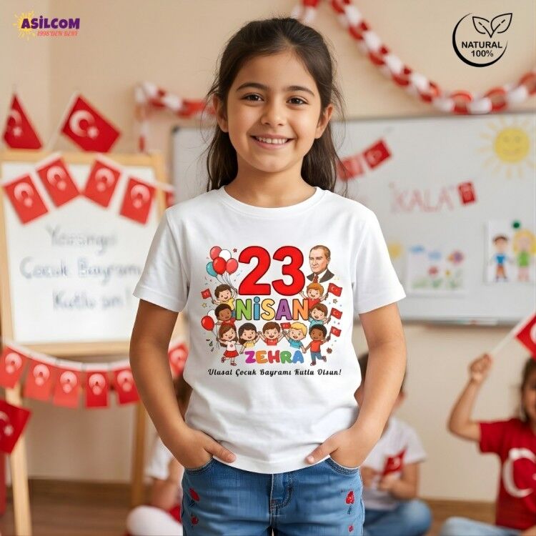 Kişiye Özel İsim Yazılı 23 Nisan Çocuk Tişörtü - Atatürk Tasarımlı