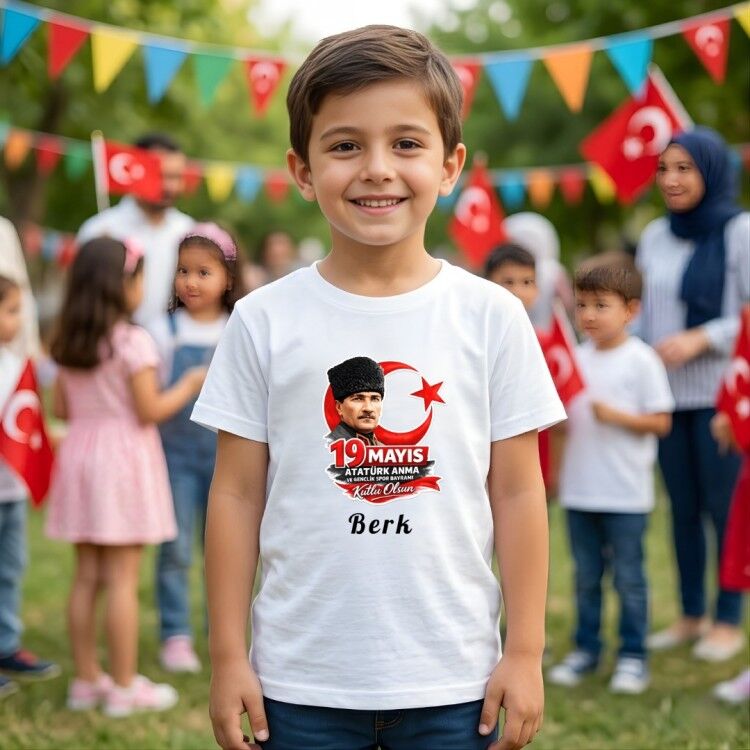 19 Mayıs Kişiye Özel İsimli Çocuk Tişörtü – Atatürk Baskılı %100 Pamuk Tişörtü