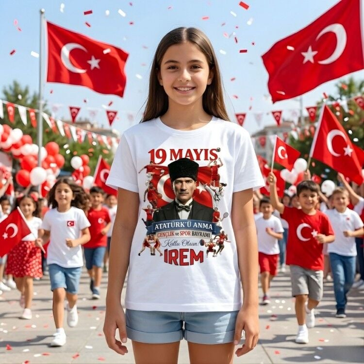 Kişiye Özel İsimli 19 Mayıs Atatürk ve Spor Temalı Çocuk Tişörtü