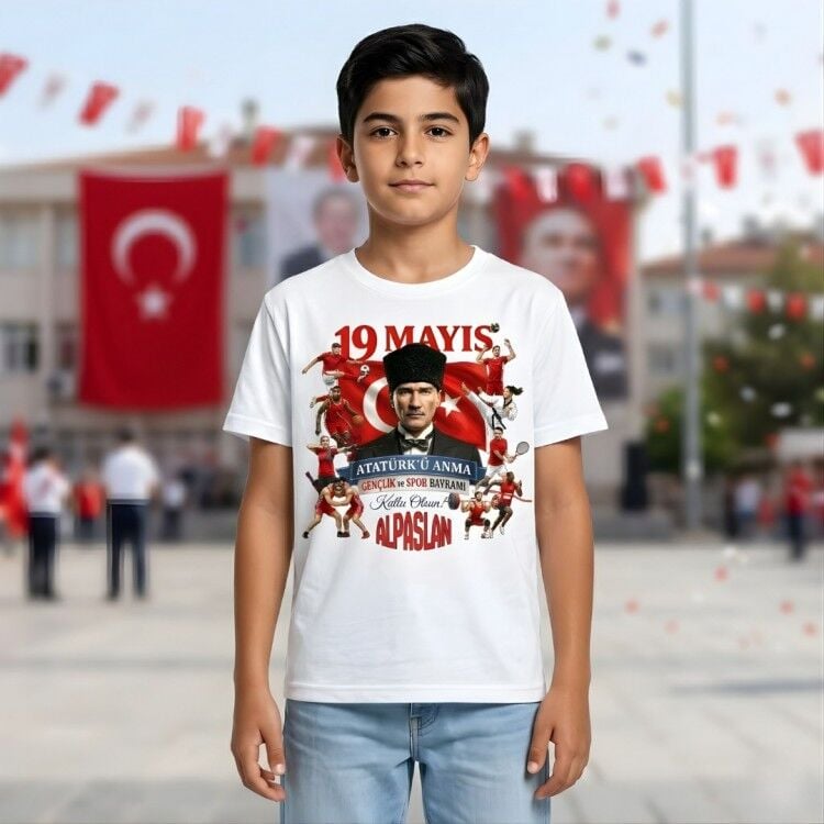 Kişiye Özel İsimli 19 Mayıs Atatürk ve Spor Temalı Çocuk Tişörtü