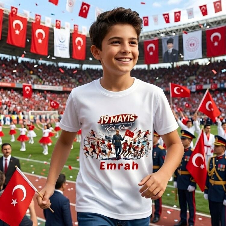 Kişiye Özel İsim Yazılı 19 Mayıs Tişörtü - Atatürk'ü Anma Gençlik ve Spor Bayramı Temalı Çocuk Tişörtü - Premium Baskılı