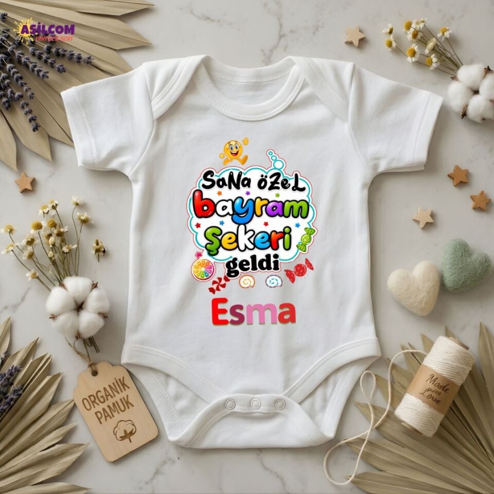 Kişiye Özel İsimli Bebek Zıbını – Bayram Şekeri Tasarım %100 Pamuk